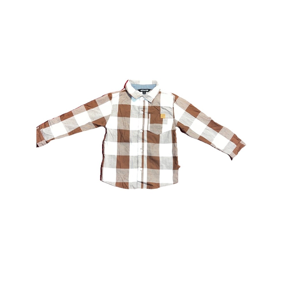 Brand New American Hawk Brown & White Plaid Button-Up Shirt -boys Size 4